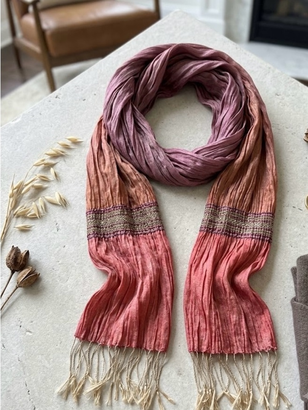Vintage Coldwater Creek Pink to Coral Ombre Lightweight Scarf with Fringe